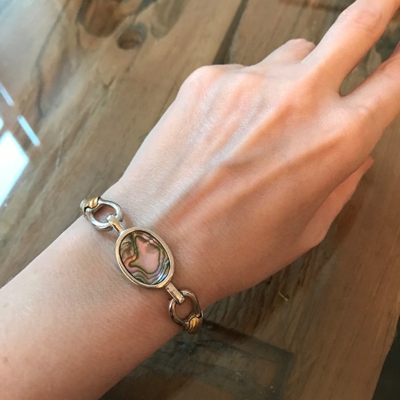 Abalone Hinged Bracelet Silver Cuff Gold Details 6 - Picture 3 of 5